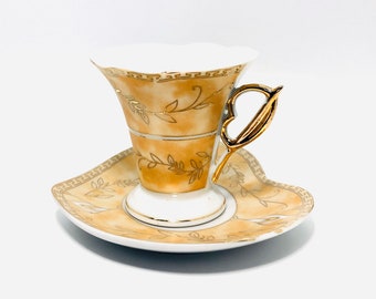 Vintage - D’Lusso Designs - Heart Shaped - Peach Lusterware Tea Cup and Saucer / Demitasse/ Espresso- Porcelain China - Romantic