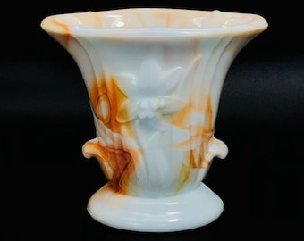 Vintage Akro Agate Raised Lily Vase - Orange / Tangerine Marbled - Slag Glass - Toothpick Holder / Bud Vase