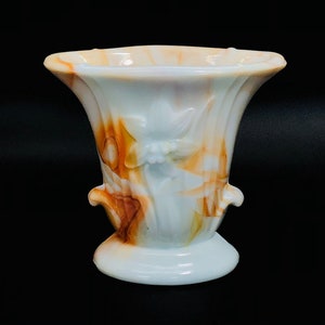 Vintage Akro Agate Raised Lily Vase - Orange / Tangerine Marbled - Slag Glass - Toothpick Holder / Bud Vase