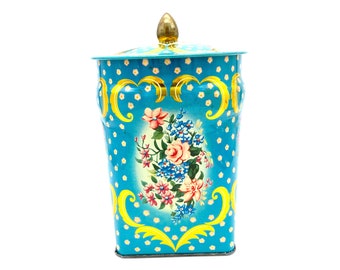 Vintage - Murray Allen - Regal Crown - Tin / Canister - Turquoise with Yellow Accents - Polka Dots - Floral Motif