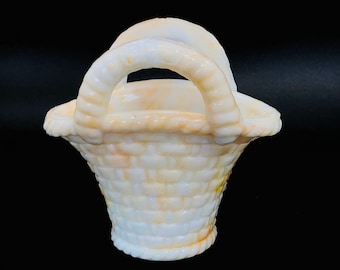 Vintage Akro Agate Orange and White Glass Basket - Slag Glass - Toothpick Holder / Bud Vase