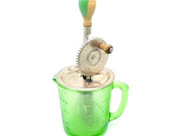 Vintage - Green Uranium Depression Glass - 4 Cup Glass Measuring Pitcher with A&J Hand Mixer / Beater - 1923 - Made in USA - Glows under UV
