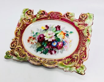 Vintage - Hand Painted in Occupied Japan - Pink and Gold Floral Trinket Dish