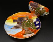 Vintage - Hand Painted - Japanese - Moriage - Satsuma - Tea Cup and Saucer - Geisha