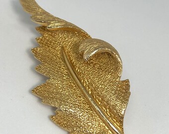 Vintage Coro Gold Tone and Clear Rhinestone Leaf Brooch