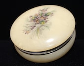 Genuine Alabaster Trinket Box, Italian Marble, Hinged Top with Violets Bouquet, 1960 39 s