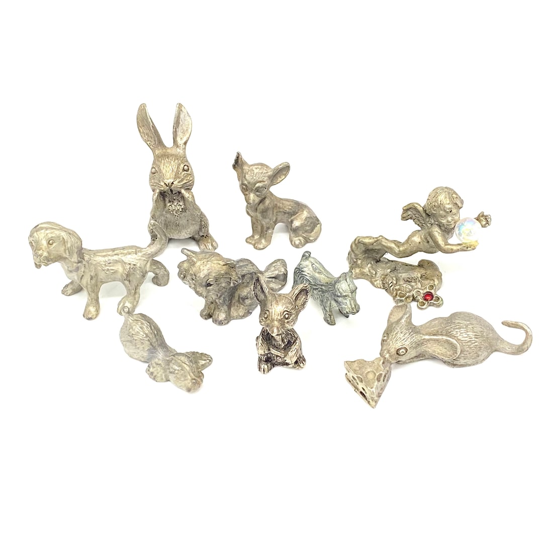 Vintage Lot of 9 Miniature Pewter Animal Figurines; Rabbit, Dog