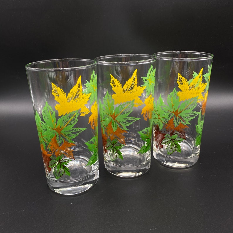 Vintage Set of 3 Glass Tumblers Fall Leaves Glassware Etsy