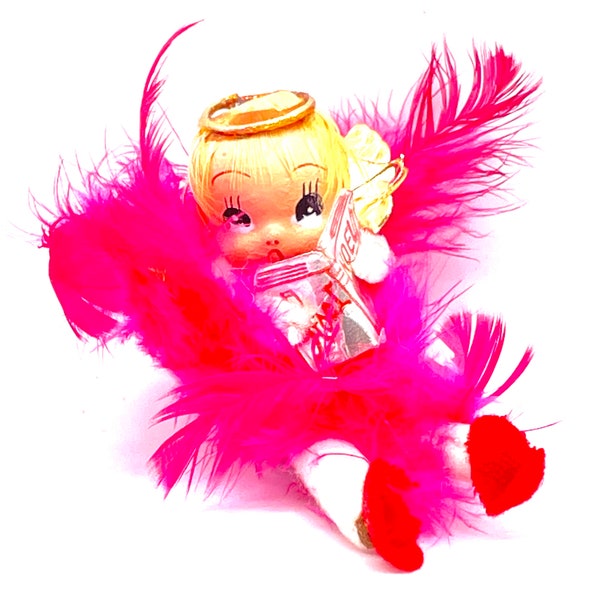 Vintage - Christmas Ornament ~ Hot Pink Featured Angel Tree Ornament ~ Feather Dress ~ Delta Novelty ~ Japan - Choir Singer
