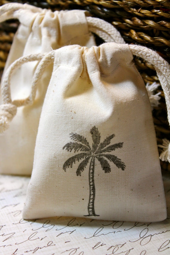 Items similar to 10 Cotton Drawstring Muslin Favor Bags - Palm Tree on Etsy