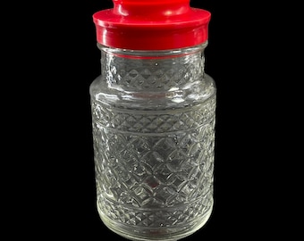 Vintage - Anchor Hocking - 32 Ounce - Glass Jar Canister - Red Screw Lid - 1970's Quilted Pattern Glass Storage Canister Jar with Red Lid