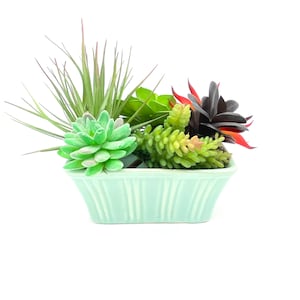 Pode incluir: Um vaso de cerâmica verde claro com formato retangular e design canelado. O vaso está cheio de uma variedade de suculentas artificiais, incluindo variedades verdes, vermelhas e pretas.