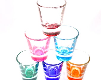 Vintage - Set of 6 - Anchor Hocking 1.5 Ounce Clear Glass Shot Glasses - Bottoms of Each are Six Different Colors