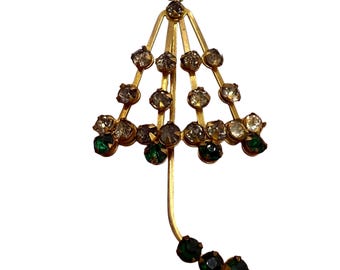 Vintage - Goudkleur - Paraplu - Parasol - Broche/speld - Heldere en groene gefacetteerde strassteentjes