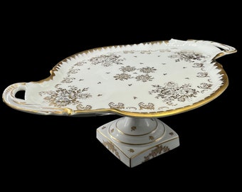 Vintage - Gold Gilded White Serving Pedestal Platter - Swirl & Floral Pattern With Two Gorgeous Handles -  Hand-painted in France - Limoges