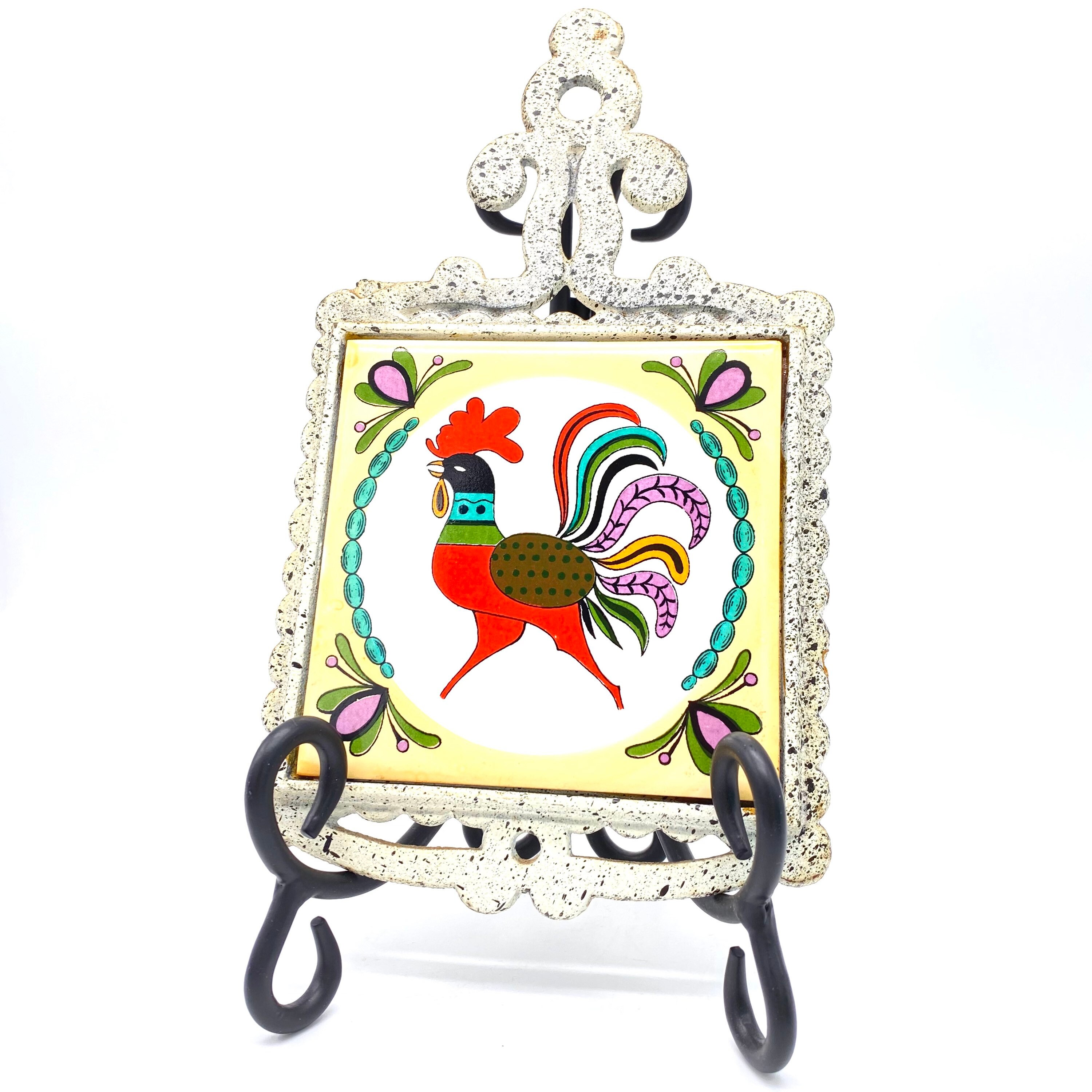 Vintage Trivet - White Painted Iron - Colorful Rooster Ceramic