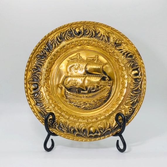 Vintage Embossed Brass Decorative Plate / Charger / Wall Decor