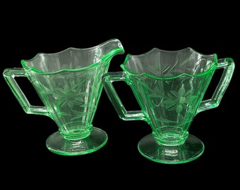 Vintage - Imperial Glass Company - Molly Green Wheel Cut #727 Creamer & Sugar Set - Green Depression Glass - Uranium Glass - Etched Florals