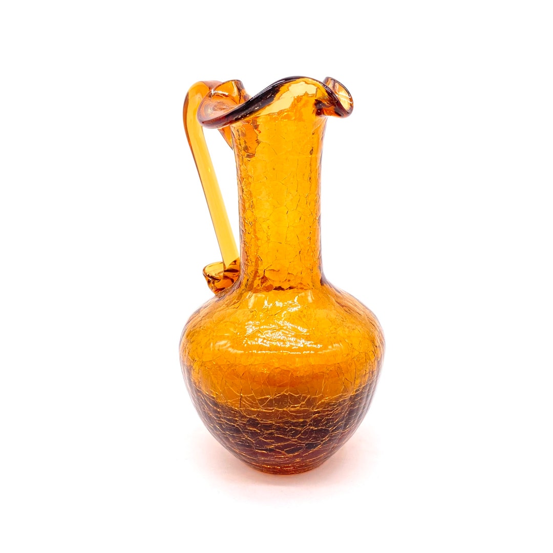 Vintage Amber Crackle Glass Vase Miniature Pitcher Etsy