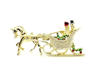 Vintage - GERRY'S - Gold Tone Christmas Pin / Brooch - Horse Drawn Sleigh