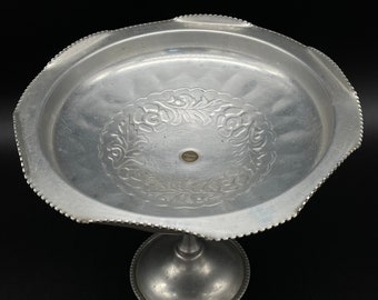 Vintage - Hammered Aluminum - Pedestal Serving Dish - Floral Motif - Ruffled Edge