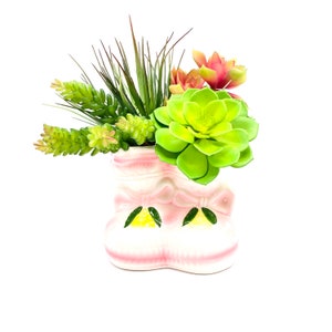 May include: A pink ceramic planter shaped like a pair of shoes with yellow lemons and green leaves. The planter is filled with a variety of succulents, including a large green succulent in the center.
