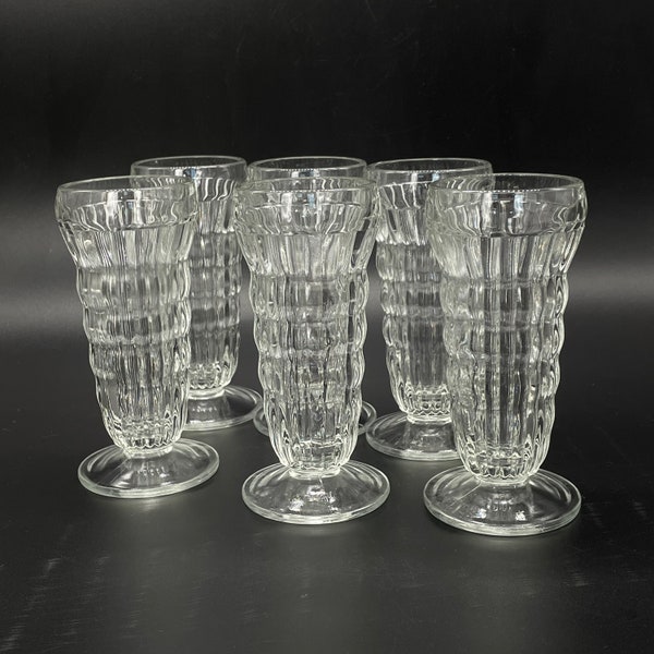 Vintage - Set of 6 - 1970s Jeannette Glass Co - Clear Glass Parfait Glasses - Ribbed - Pedestal- Ice Cream Sundaes-Sodas-Dessert Glasses