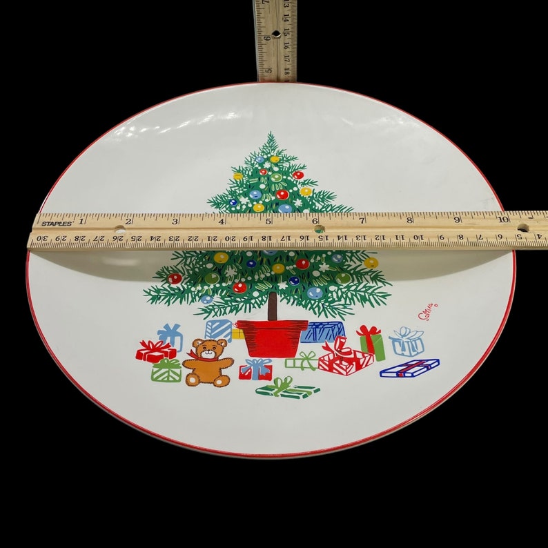 Vintage Porcelain Christmas Cake Stand Christmas Tree / Presents / Teddy Bear Cake Plate Himark by Saltera, Made in Japan Pedestal image 8