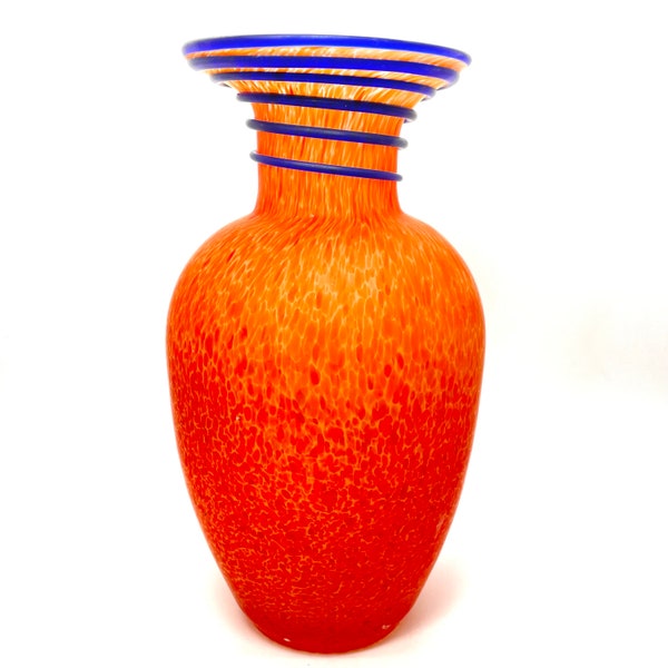 Vintage - Art Glass Vase - Orange Speckled Vase with Blue Glass Spiral Neck Detail - Satin Glass Badash Lafiore Style Orange Art Glass Vase