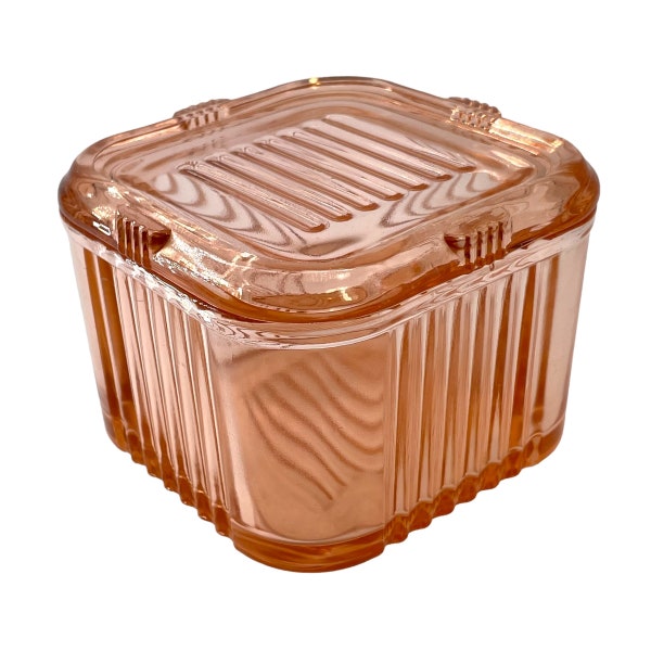 Vintage - Pink Depression Glass - Federal Glass Company - Square Ribbed Refrigerator Dish - Fridgie - 1930s