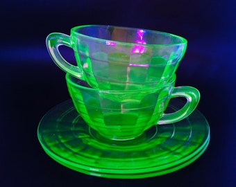 Vintage - Hocking Glass Company - Green Depression Glass - Block Optic - Cup and Saucer - SET OF 2 - GLOWS Under Blacklight