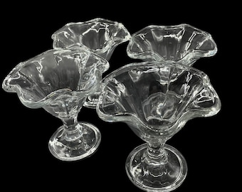 Vintage - Set of 4 - ITALIAN 5"Tall x 5” Wide - Heavy Glass - Footed - Tulip Ice Cream Dessert Dishes - Cups - Pressed Glass - Made in ITALY