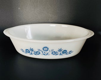 Vintage Glassbake Casserole Serving Dish - Navy Blue Flowers / Cornflower - Oven Proof Microwave Ovenware Mid Century Milk Glass Bakeware