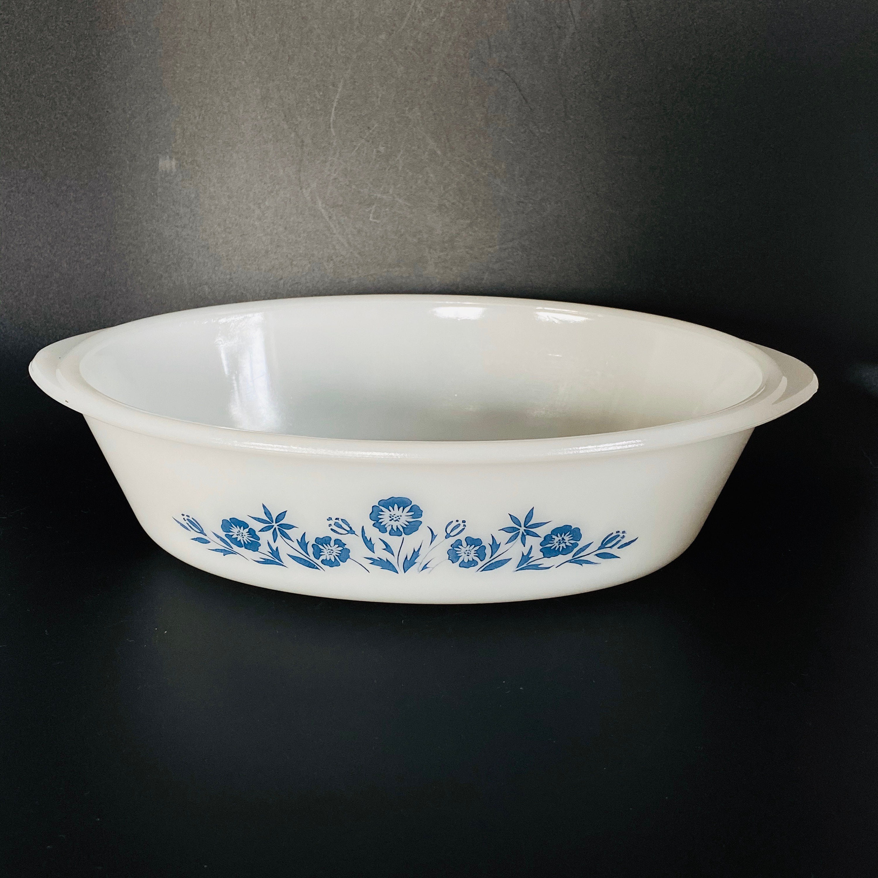 Vintage Glasbake Casserole Serving Dish Navy Blue Flowers / Etsy