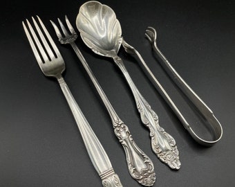 Vintage - SET OF 4 - Various Antique Silver Plate Serving Pieces Ice Cube Tongs, Seafood Cocktail Fork, Holmes & Edward Fork, Berry Spoon