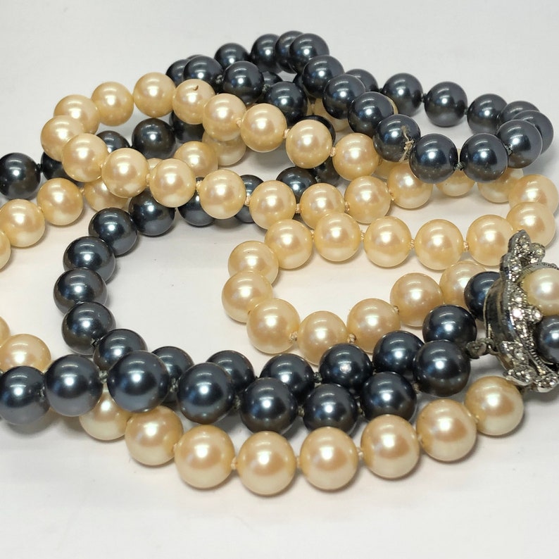 Still in Original Box Vintage Prestige Hand Knotted Double Straded Pearls with Rhinestone Clustered Silver-Tone Clasp