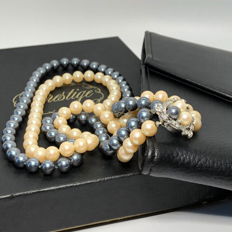 Still in Original Box Vintage Prestige Hand Knotted Double Straded Pearls with Rhinestone Clustered Silver-Tone Clasp