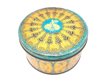 Antique / Vintage - Victorian Style - Metal Tin Box - Yellow / Gold and Turquoise Design with Victorian Woman in Center