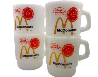 Tazas apilables de vidrio con leche coleccionables de McDonald's, estilo antiguo, Anchor Hocking, Fireking, fabricadas en EE. UU., juego de 4, década de 1970, Good Morning