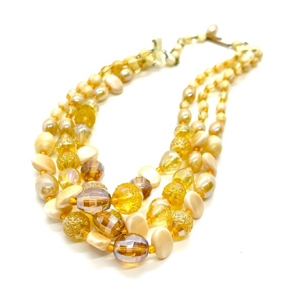 Vintage - 3 Stranded - Yellow and Beige Beaded Ne… - image 1