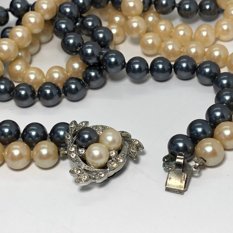 Still in Original Box Vintage Prestige Hand Knotted Double Straded Pearls with Rhinestone Clustered Silver-Tone Clasp