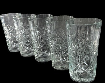 Vintage - Set of 5 - Libbey - USA Hobstar 6” Tall 16 oz.  Highball Glasses - Star of David