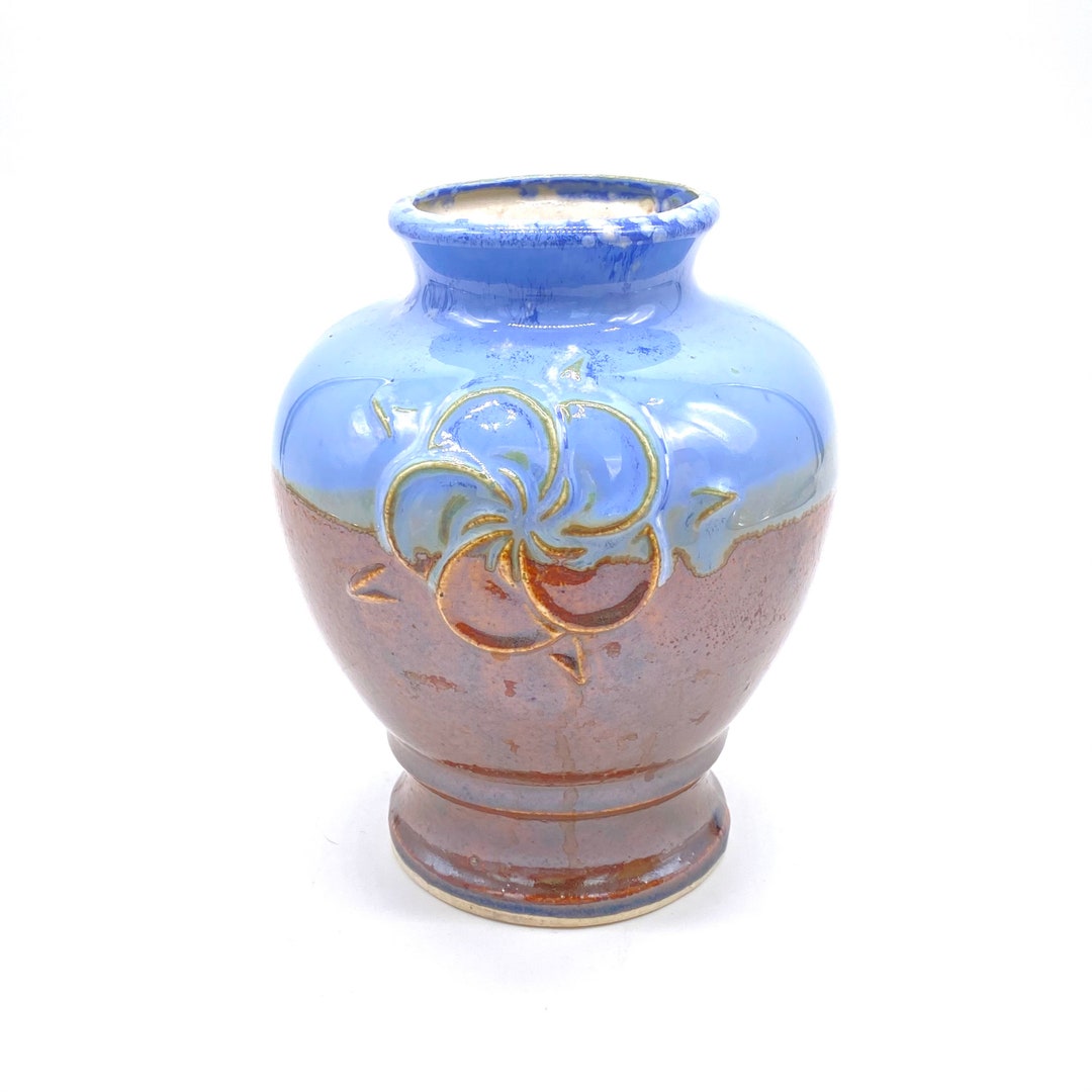 Vintage Japan Pottery Vase Blue and Brown Glazed Vase Etsy