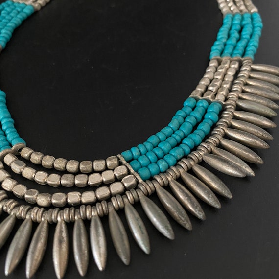 Vintage Turquoise and Silver Tone Multi Strand Statement Necklace