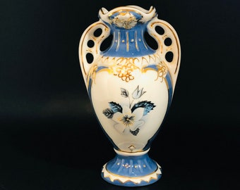 Vintage Royal Dux Bohemia - Blue Double Handled Vase - Czechoslovakia - Florals with Gold Trim