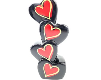 Vintage - Valentine’s Day Vase - Stacking / Stacked Hearts - Black with Red Accents - Valentine’s Day Decor - 8.5” Tall