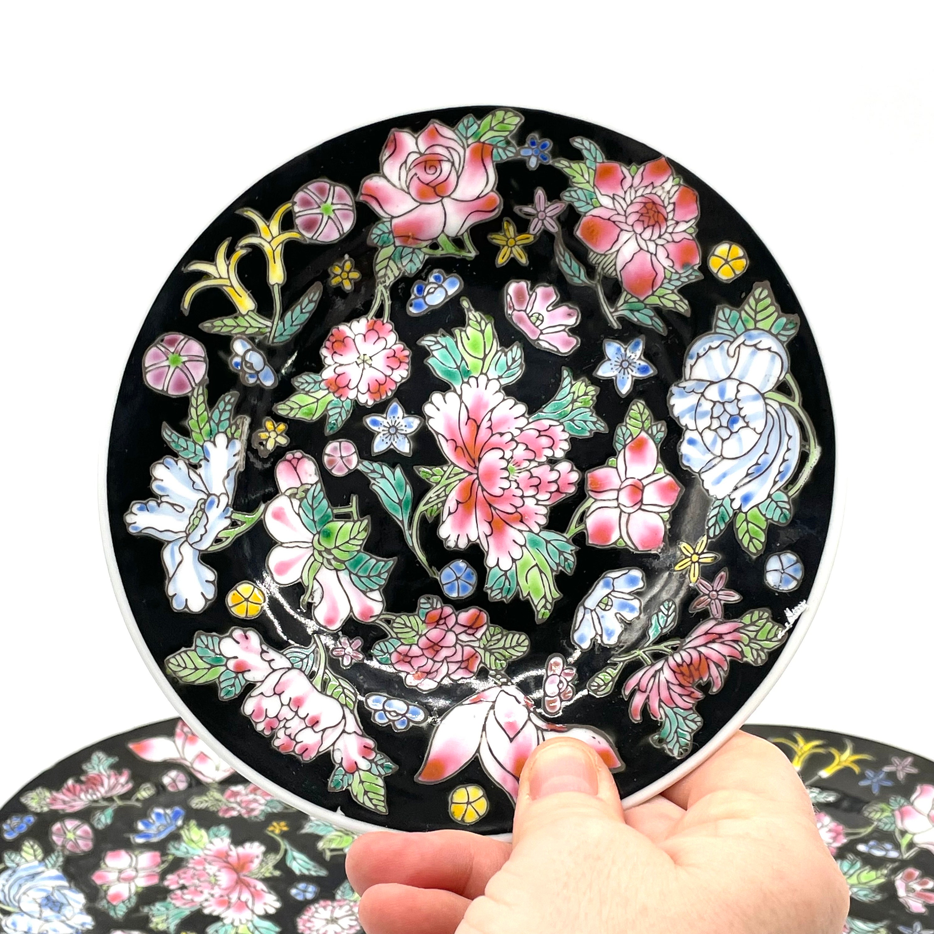 Set of 4 Vintage Chinese Porcelain Black Floral 6”plates