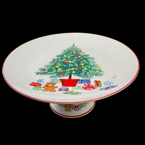 Vintage Porcelain Christmas Cake Stand Christmas Tree / Presents / Teddy Bear Cake Plate Himark by Saltera, Made in Japan Pedestal image 1