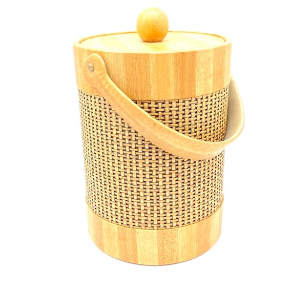 Vintage - Mid Century Modern - Ice Bucket - MCM- Elmer Manufacturing Company - California - Boho - Rattan - Tiki Bar - Bohemian