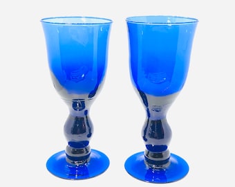 Vintage Handblown Glass Cobalt Blue Goblets - Set of 2 - Solid Stem and Base - Heavy Pieces